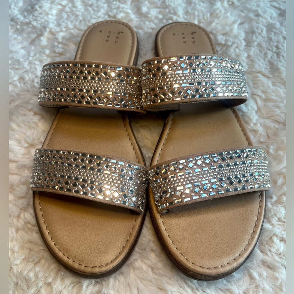 A New Day Tan Silver Sandals with Rhinestone Embellishments - Picture 2 of 7